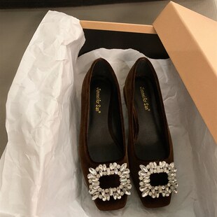 速发粗跟法式水钻气质单鞋2025春新款黑色方头高级感玛珍丽鞋奶奶