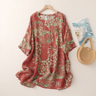 速发棉麻中轻款上季长薄透气复古印花宽松休闲套头妈妈亚麻夏衣