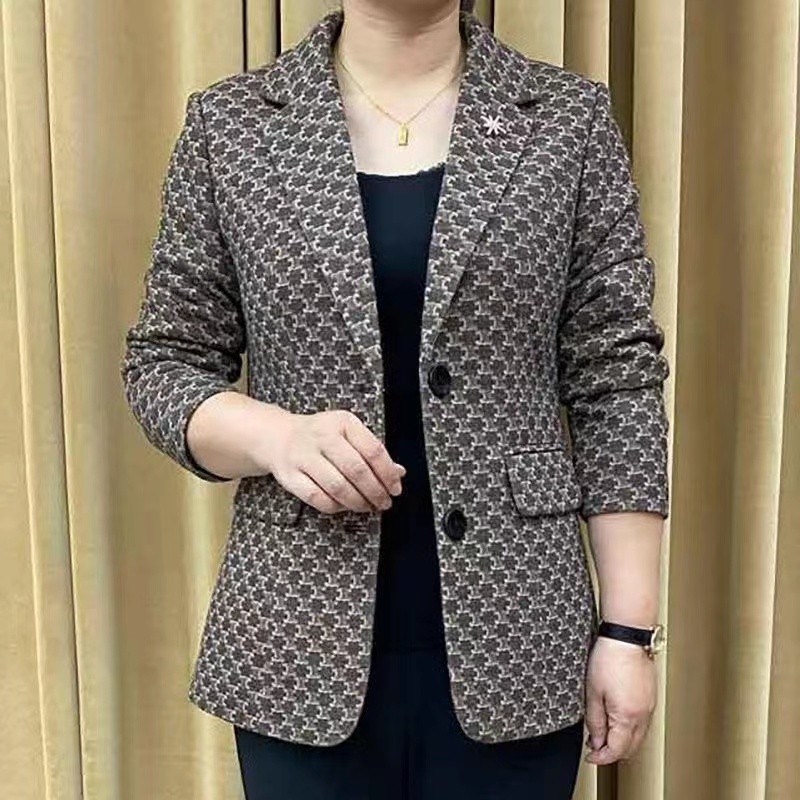 速发妈妈套春秋新款小外装西服中年装格子排单扣通勤
