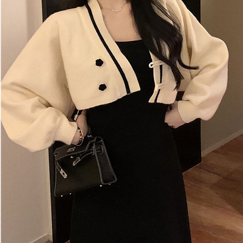 高货速发日韩风盘扣撞色蝙蝠袖毛衣针织开衫外套女春季新款宽松显