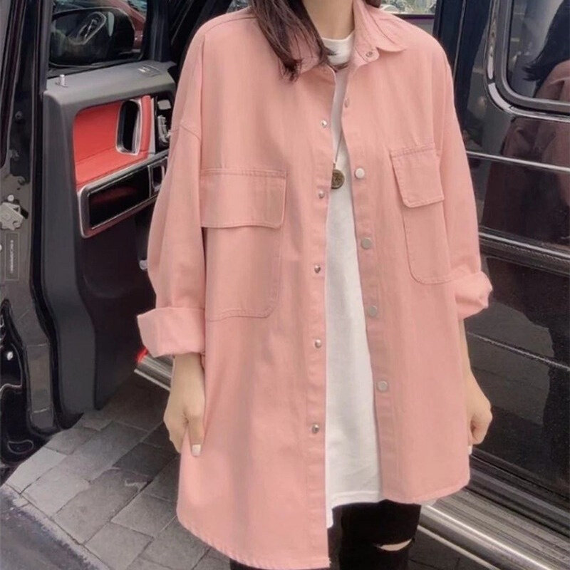 现货速发欧货中长款外套女新款韩版宽松百搭休闲感水洗牛仔棉衬衫