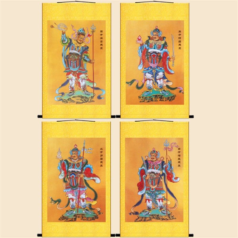 速发明布复古版  四大天王金刚护法菩萨佛像画绢清卷轴挂画装饰画