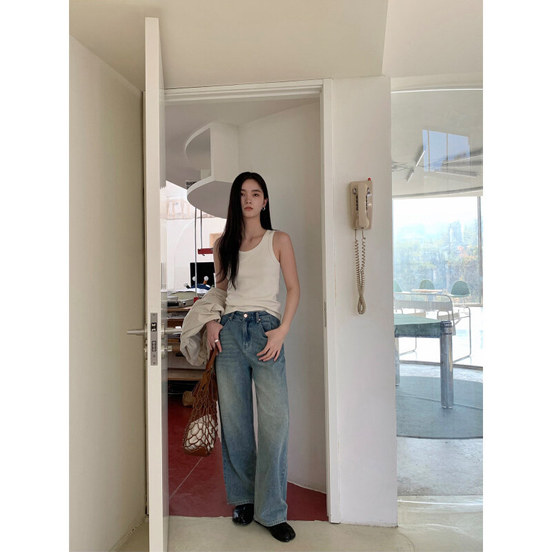 高货速发TG 韩版简约水洗牛仔裤女2024春季新款高腰直筒显瘦拖地