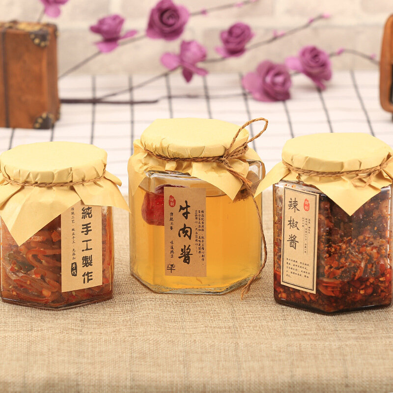 现货速发密封六棱玻璃瓶酱菜辣椒酱牛肉酱瓶子蜂蜜果酱玻璃瓶一斤
