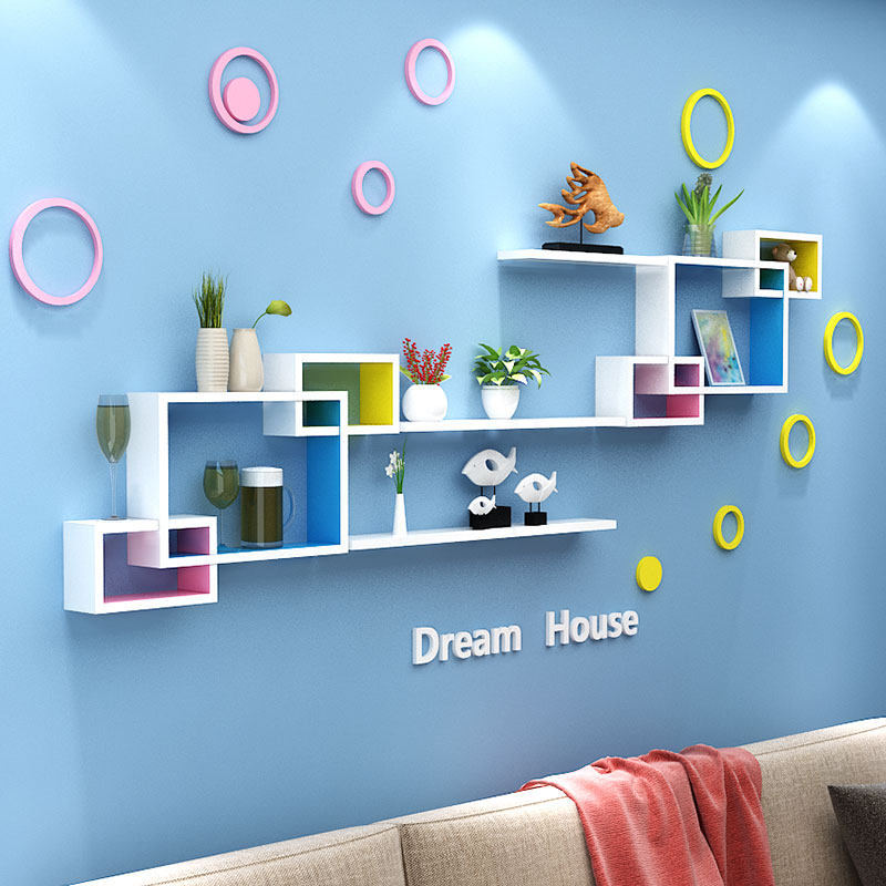 速发卧室客厅电视背景墙装饰上墙体置物架免打孔墙面创意格子墙架