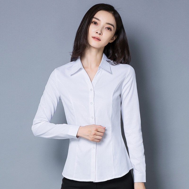 高货速发2022春季新款女衬衫白色长袖V领韩版修身学生面试酒店职