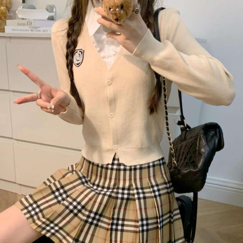 高货速发学院风假两件衬衫针织开衫春秋新款设计感短款上衣