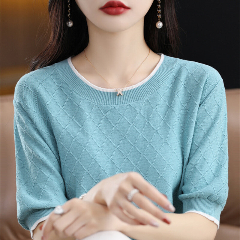 高货速发时尚镂空棉线针织短袖t恤女2024夏季新款撞色圆领宽松半
