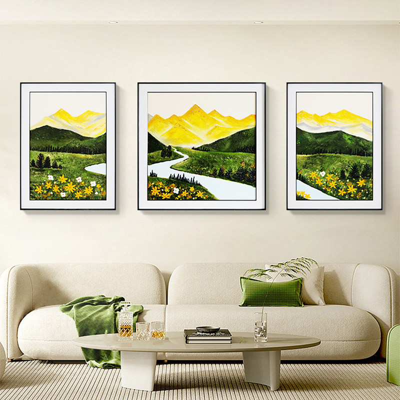 速发风景客厅装墙画简约手绘沙发背壁饰油画立体肌理山水三联景画