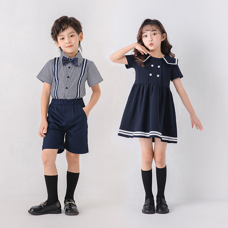 高货速发幼儿园园服夏季新款连衣裙男童衬衫套装儿童英伦风合唱服
