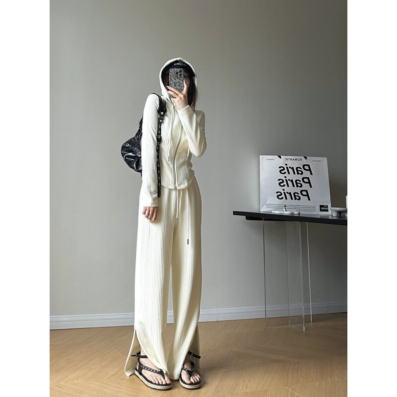 高货速发连帽显瘦卫衣套装女2024春季新品韩版休闲松紧腰开叉直筒