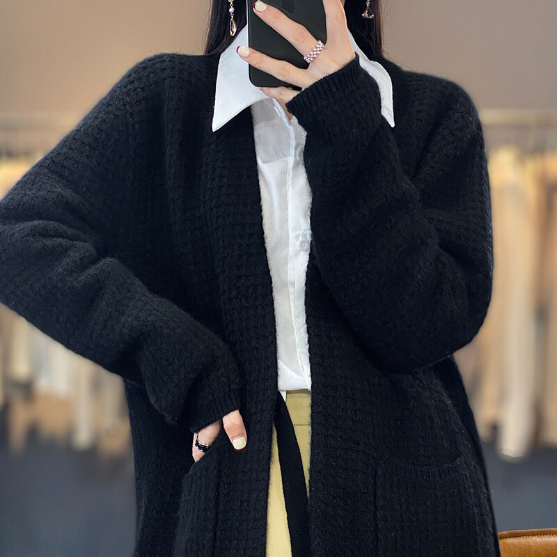 高货速发高货简约慵懒风外套女春季新品宽松中长款浴袍风毛衣针织