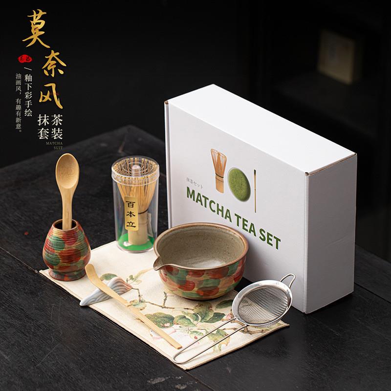 莫奈风手绘陶瓷抹茶八件套宋代点茶打茶工具茶碗茶筅百本立过滤网