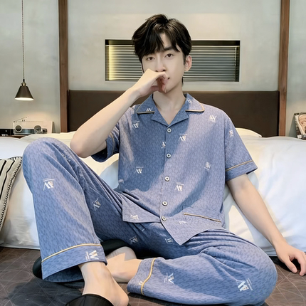 牛奶丝男士夏季纯棉短袖开衫睡衣套装休闲可外穿家居服