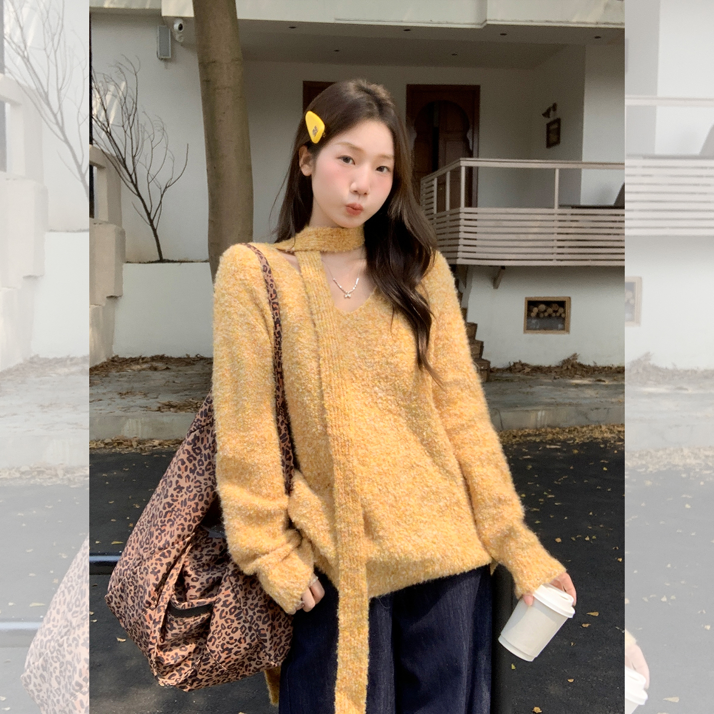 实拍实价复古黄色V领长袖毛衣女秋季新款套头宽松针织衫慵懒上衣