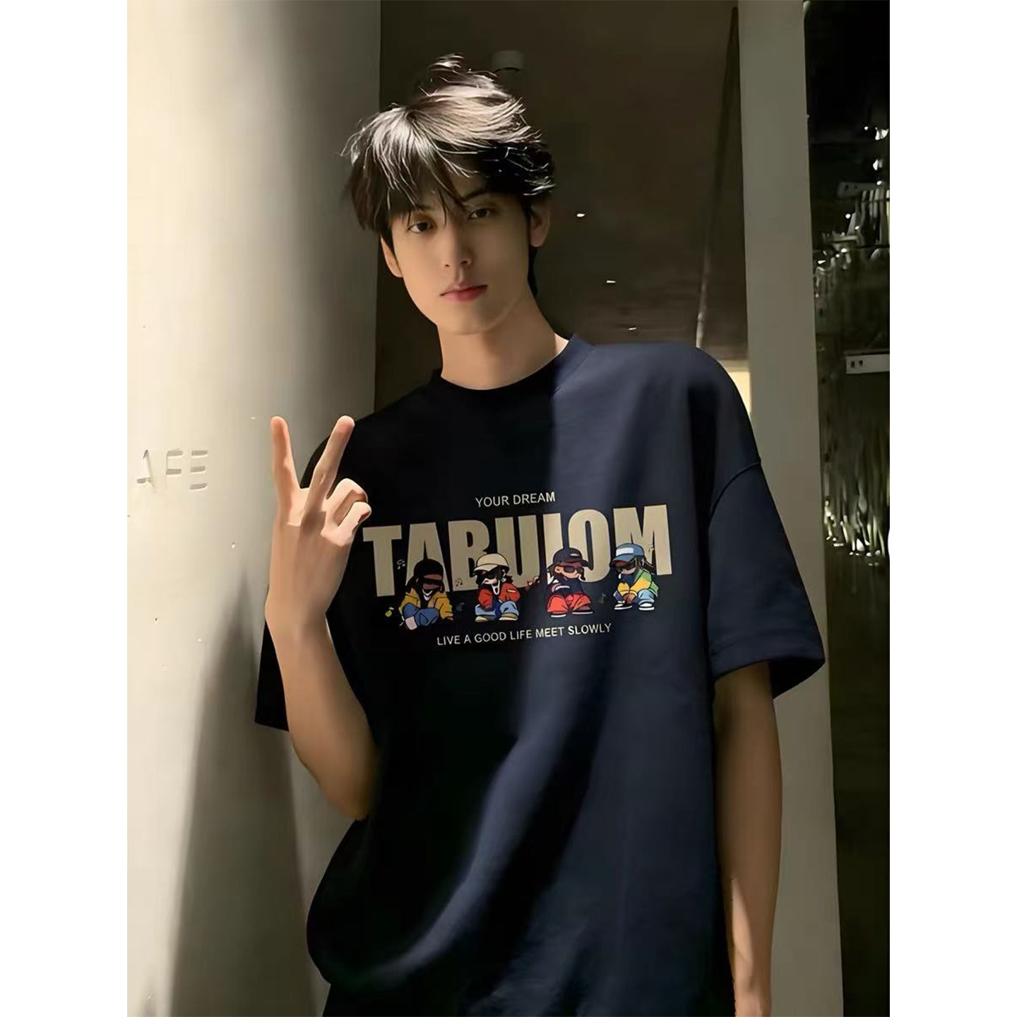 藏青色纯棉印花短袖男款夏季美式高街重磅正肩t恤潮牌青少年半袖