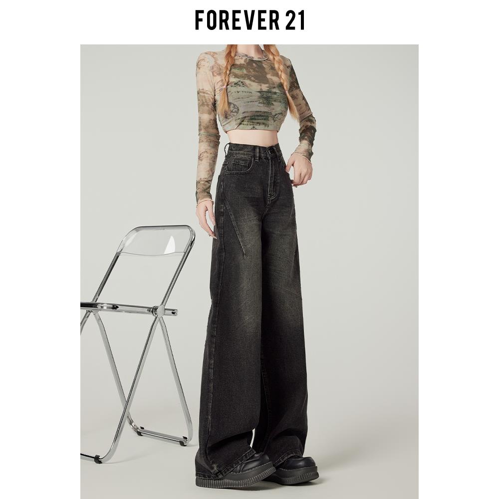 Forever 21美式复古高腰阔腿牛仔裤女辣妹黑色宽松窄版梨形直筒裤