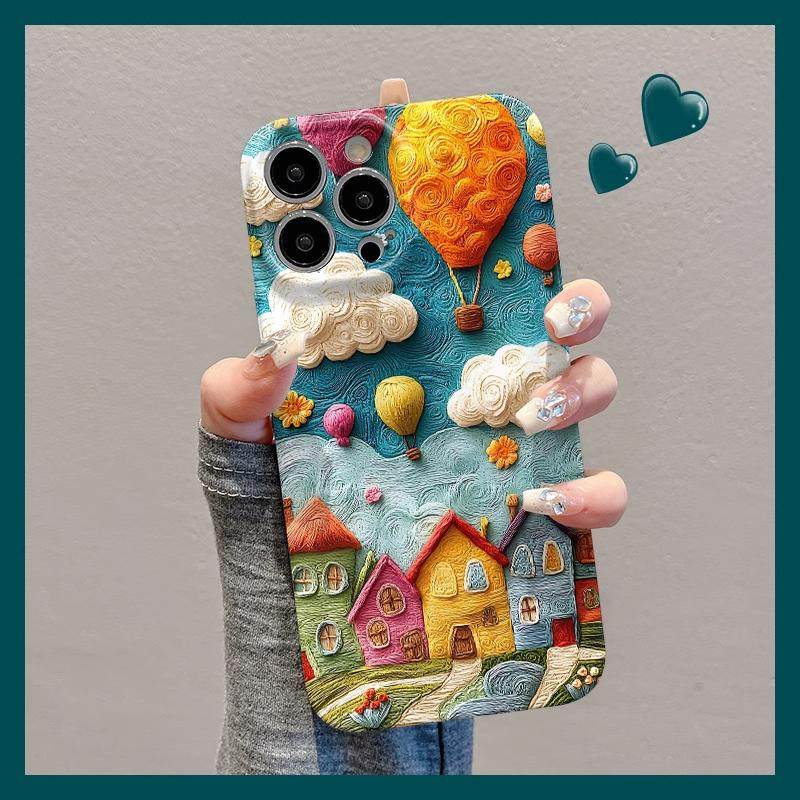 油画云朵小镇适用苹果16promax手机壳iPhone15/14华为pura80新款mate70菲林vivos30创意Reno14创意个性小米15