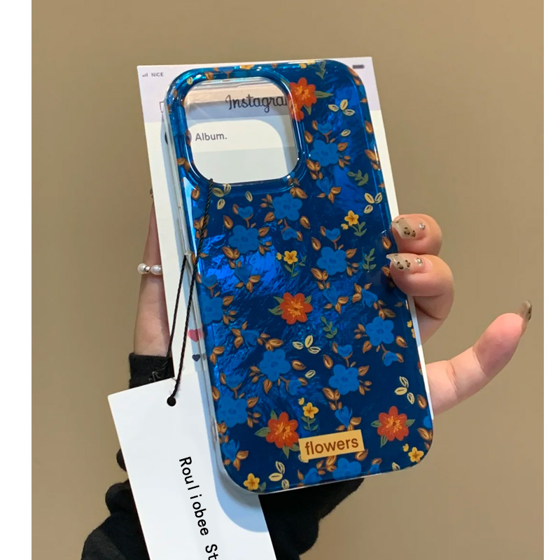 克莱因蓝油画小碎花锡纸纹适用苹果15promax手机壳iPhone16新款13高级感12华为P70荣耀vivoS19小米14红米oppo