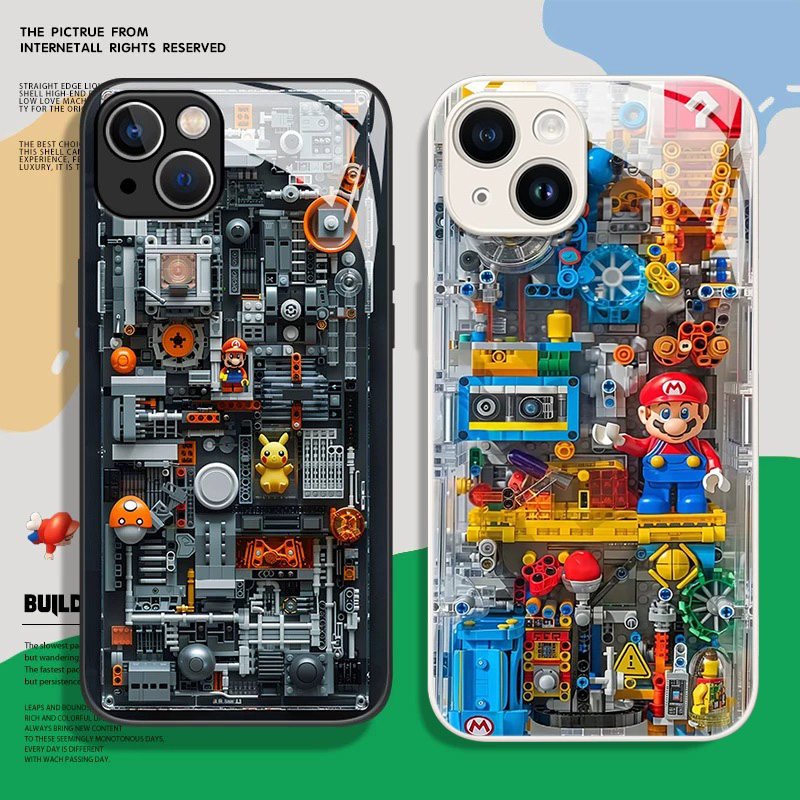 马里奥乐高积木拼接玻璃壳适用苹果15promax手机壳iPhone16新款13高级感12华为P70荣耀vivoS19小米14红米oppo