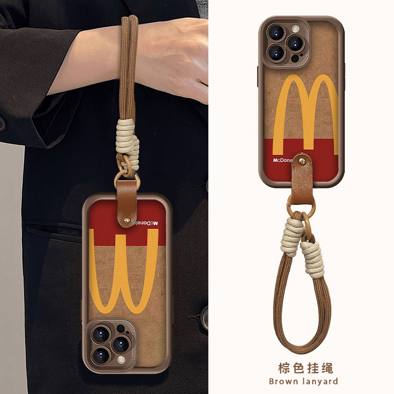 秋冬咖色简约M记适用苹果16promax手机壳带挂绳iPhone15新款华为mate60pro高级OPPOreno12小米14全包vivos19