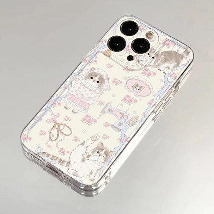 碎花猫咪裁缝铺适用iPhone16promax手机壳苹果15华为mate60小米14pro新款Pura7女nova13红米K80荣耀90reno12