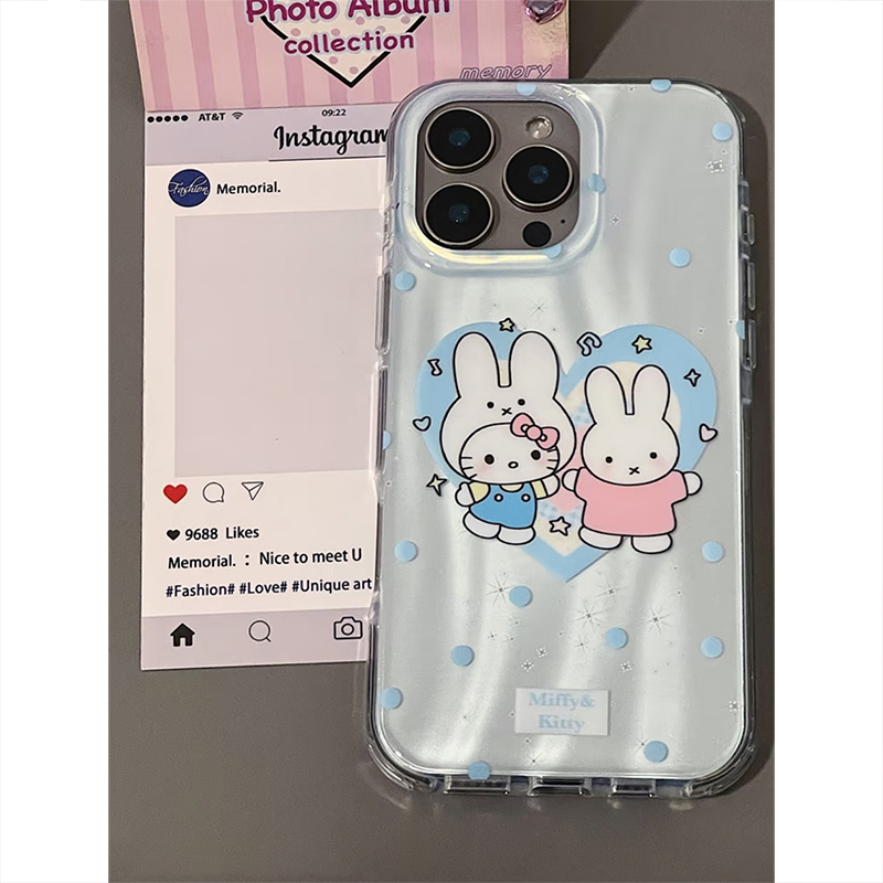 镭射蓝色波点爱心兔子KT猫适用苹果16promax手机壳iphone15pro新款14p流星纹13女16pm圆双层全包防摔手机套12