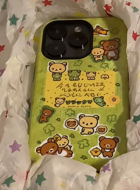 绿色皮衣轻松熊适用苹果16Promax二合一菲林手机壳iP15新款mate60pro创意pura70可爱OPPOReno13女s20红米K80