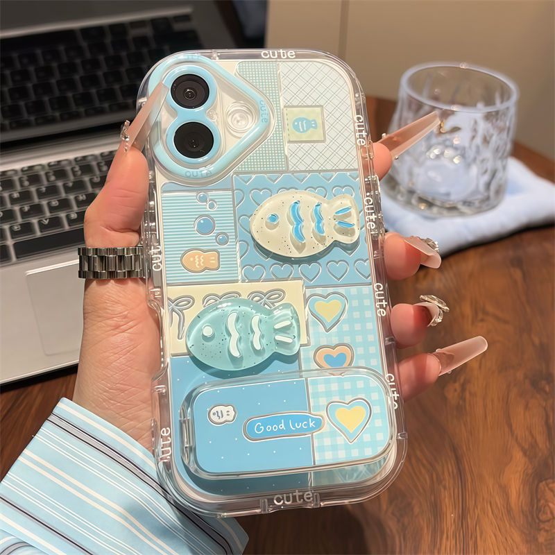 蓝格小鱼支架适用iPhone16/15promax手机壳小米15/14pro新款红米K80情侣华为pura70ins风mate70软vivos30女款