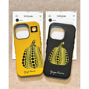 创意草间弥生联名适用苹果16promax手机壳iphone13新款13皮质15女15promax秋冬16pro情侣全包防摔手机壳