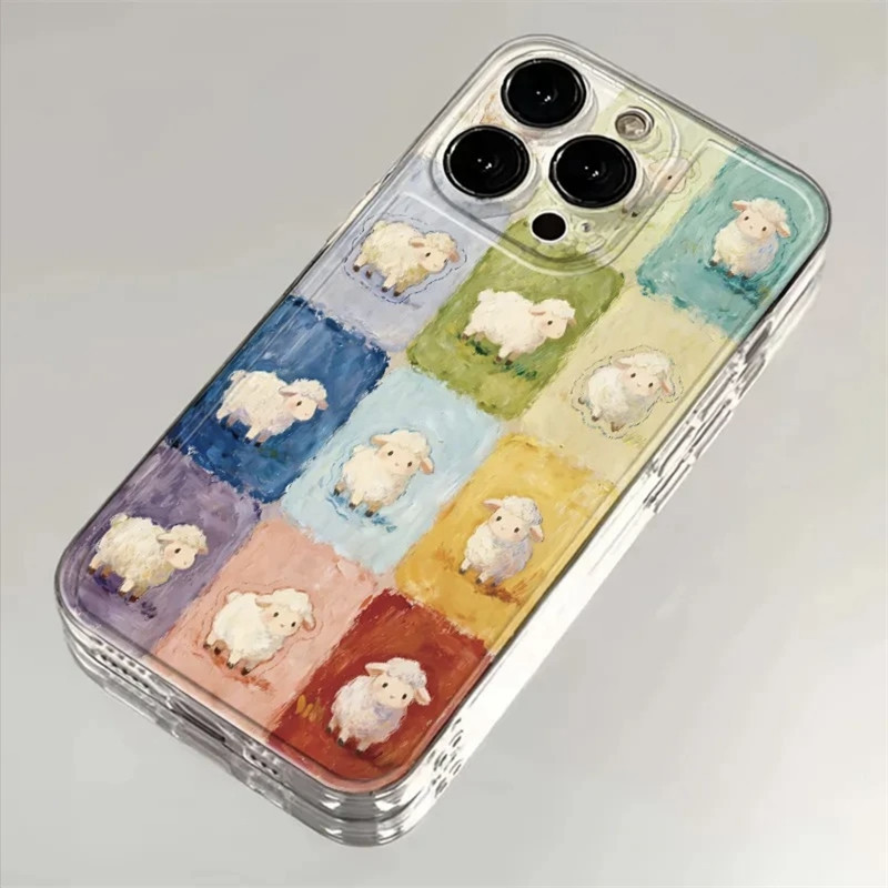 油画小羊适用苹果17手机壳透明防摔保护套iPhone16卡通可爱女全包高级OPPO小米17软硅胶透明华为荣耀软壳