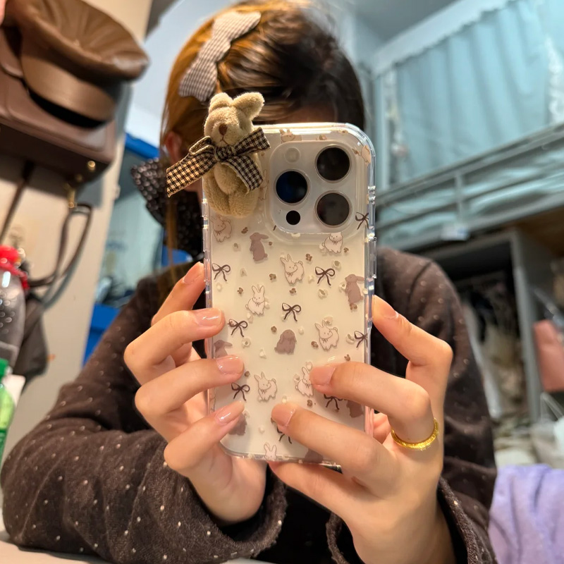 ins韩系满屏棕白小兔子适用苹果17promax手机壳iPhone16新款15双层壳13华为P70荣耀400vivo小米14红米K80oppo