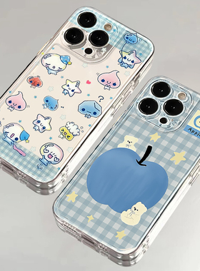 蓝色苹果手机壳苹果16pro华为pura70格纹iPhone15Promax小米14格子ins风ins小清新vivo小熊OPPO可爱x卡通适用