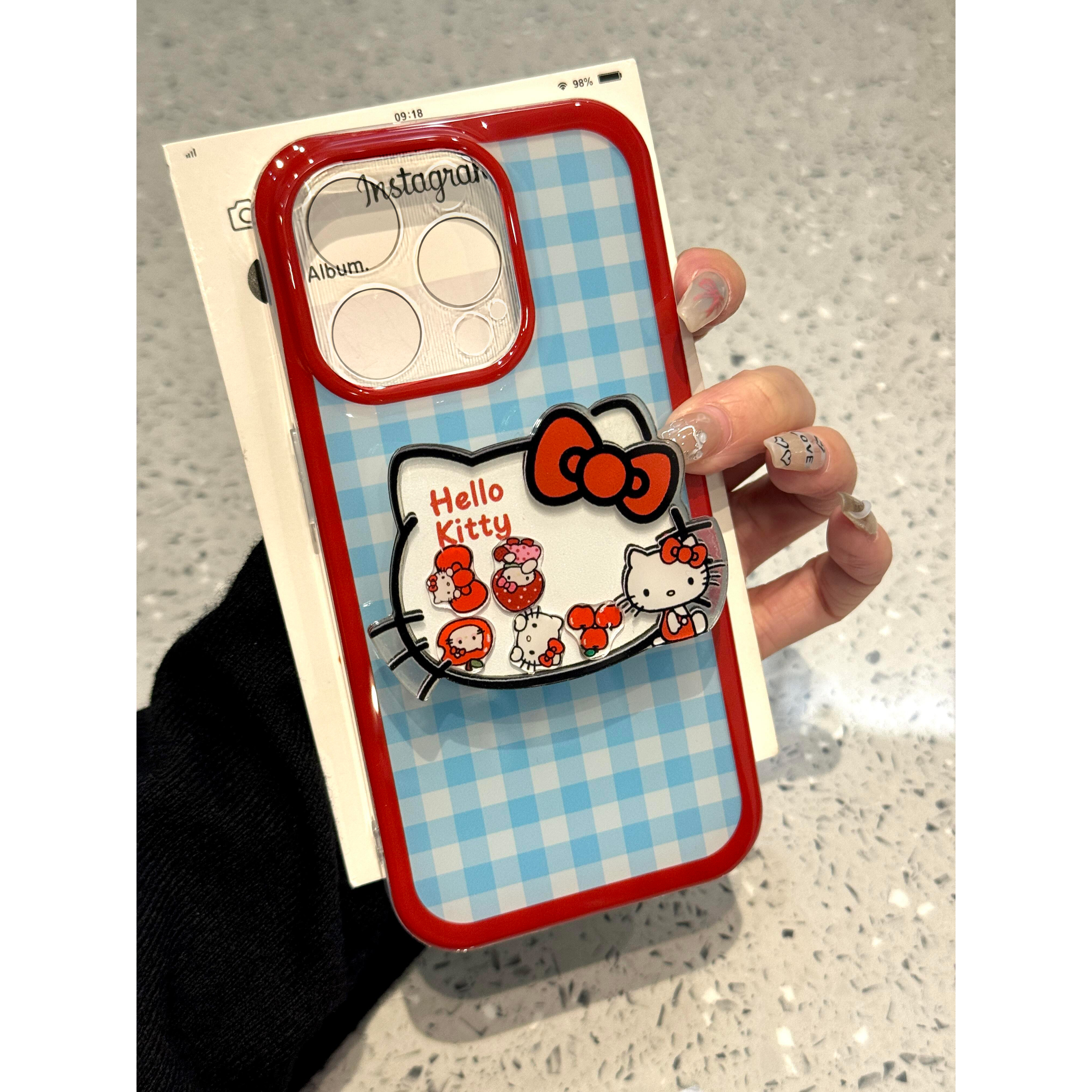 全机型红边蓝格纹Kitty猫支架