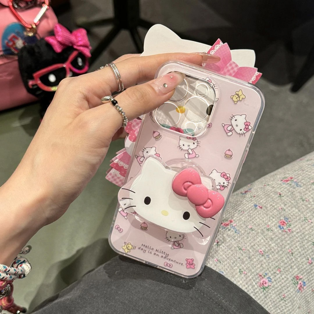 白脸支架坐姿猫咪粉底适用苹果16promax手机壳iPhone15凯蒂猫13全包12防摔11红米oppo荣耀华为小米14vivoiQOO