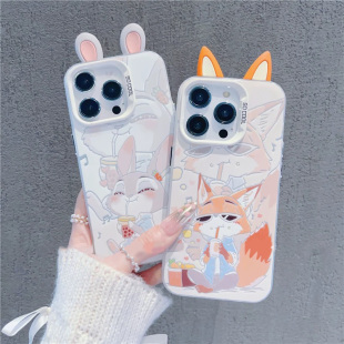 情侣喝奶茶尼克朱迪立体耳朵适用苹果15promax手机壳iPhone16新款 13高级12华为P70荣耀vivo小米14红米k70oppo
