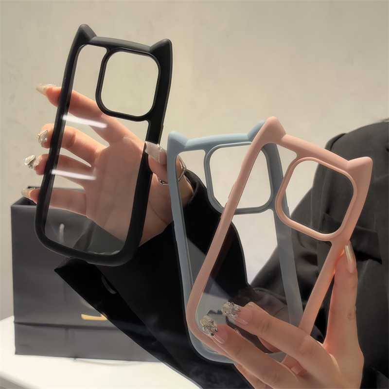 可爱猫耳朵透明手机壳适用17苹果16promax新款iPhone15proMax全包14PRO保护套13防摔12硬15高级感小众11男女