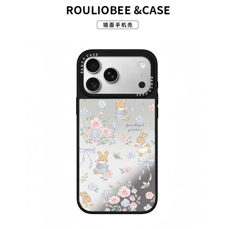 韩系碎花兔子适用苹果17promax英文镜面手机壳iPhone16/15新款14创意13华为P70荣耀vivoS30小米17红米K80oppo
