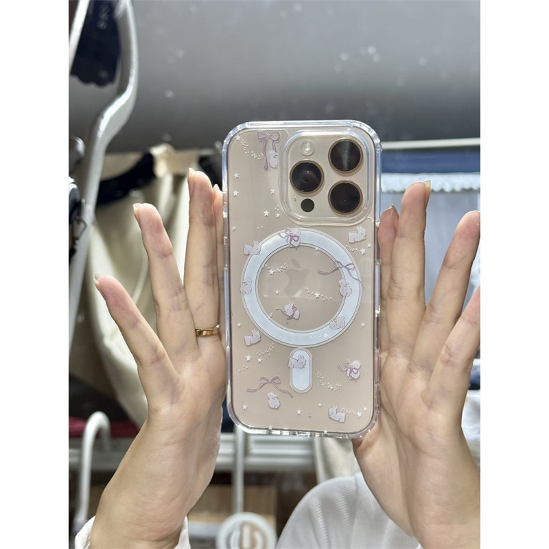 可爱卡通蝴蝶结小兔子适用苹果17promax手机壳iPhone 16pro透明硅胶防摔亚克力磁吸壳15/14/13硬壳大孔保护套