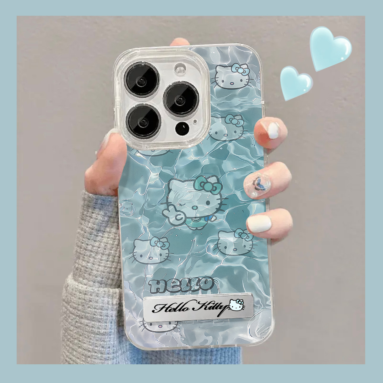 蓝色波纹凯蒂猫金属支架适用苹果15pro手机壳华为mate60新款opporeno12vivox100爆款荣耀90小米14防摔保护套