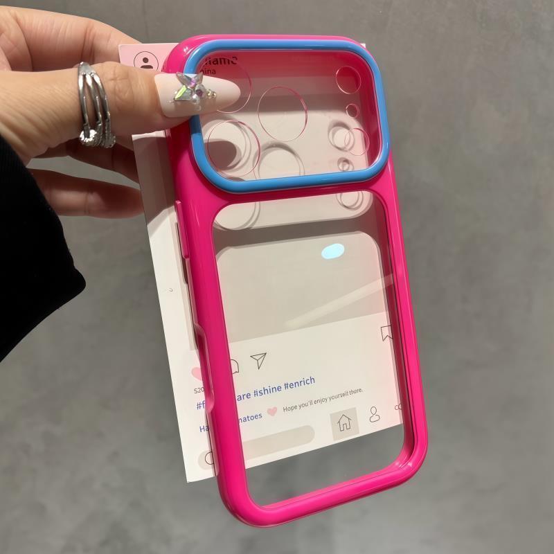 夏日马卡龙撞色大视窗适用苹果17promax手机壳iphone16pro新款17男女款14pro情侣15pro透明全包防摔手机套13