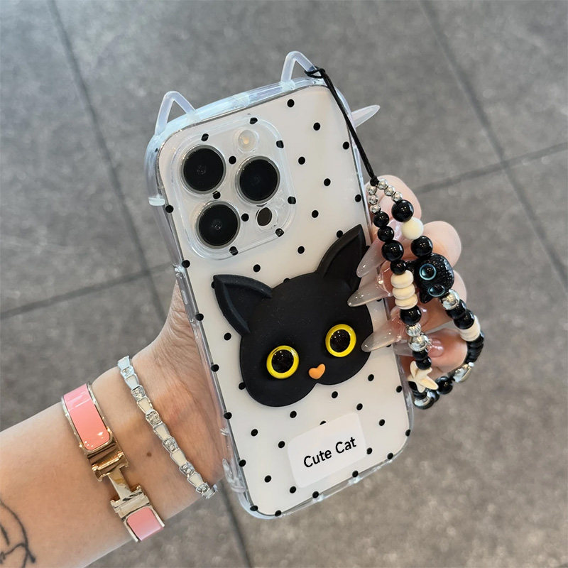 苹果硅胶软壳立体大眼黑猫挂链