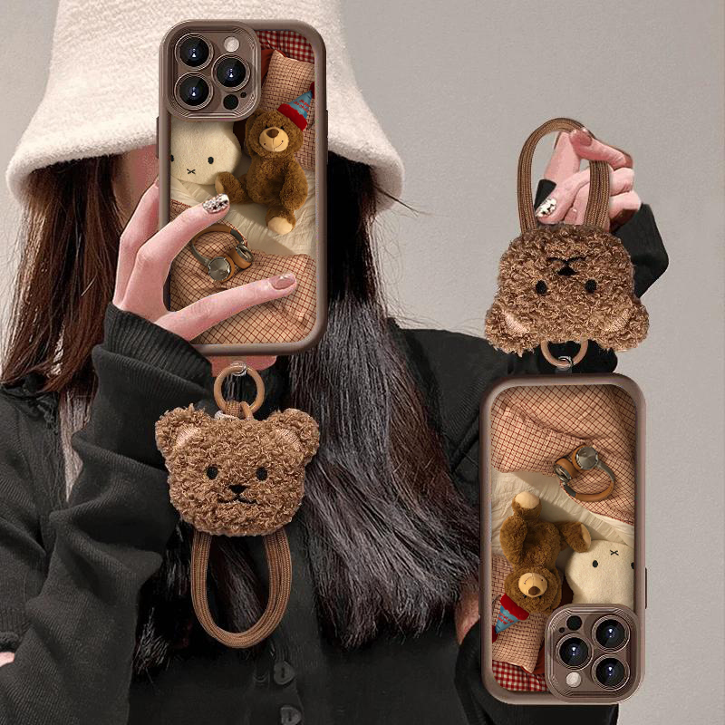 秋冬咖啡色圣诞帽小熊适用苹果16promax手机壳iPhone15新款华为mate60pro女pura70腕带OPPOReno12挂绳荣耀200