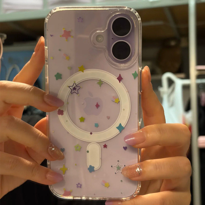 可爱少女多彩小星星适用iphone17promax手机壳14plus亚克力16磁吸壳13小众12大孔11网红15透明磁吸款保护套