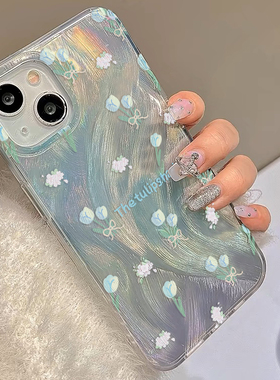 春日蓝色郁金香花朵羽纱适用iphone15pro max手机壳新款14promax全包防摔13气质女神12苹果15plus高级保护套