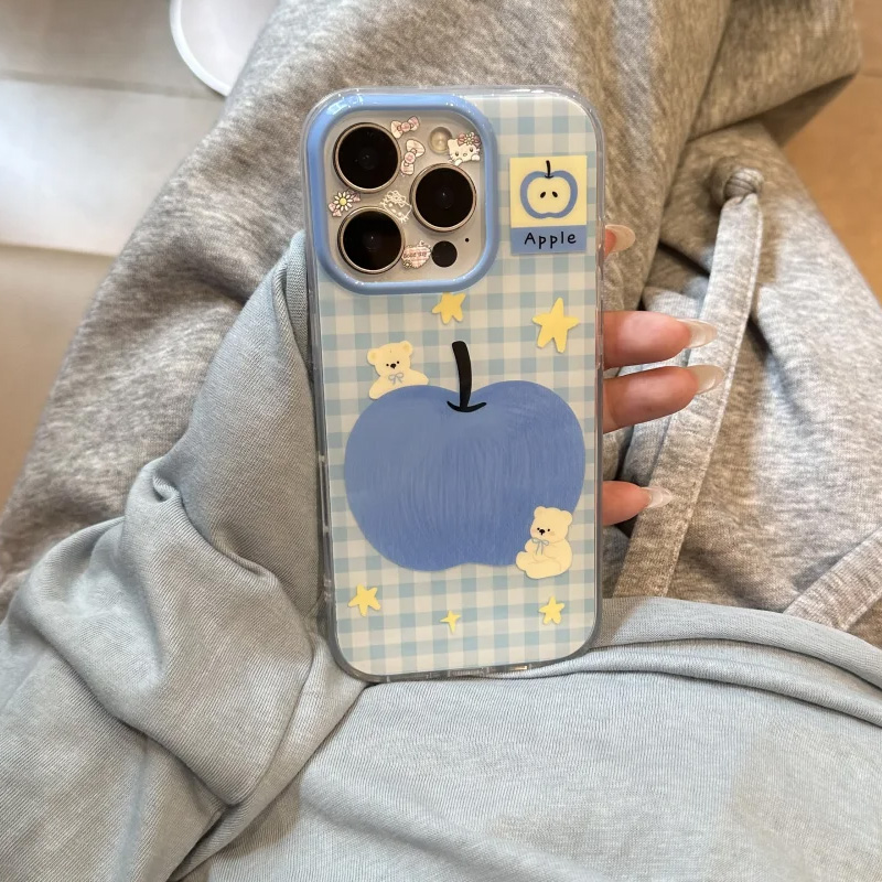 格纹蓝苹果小熊适用苹果16promax手机壳iphone一加1314红米k80至尊小米15s荣耀3008090保护套50华为p7060mate