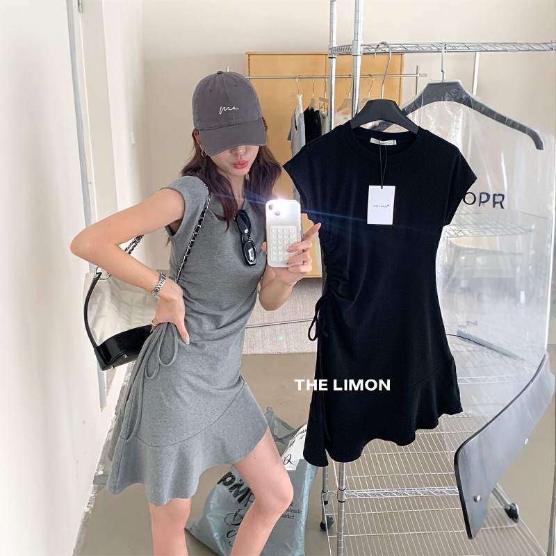 THE LIMON柠檬绿茶韩系侧抽绳修身飞飞袖显瘦百搭连衣裙女夏季