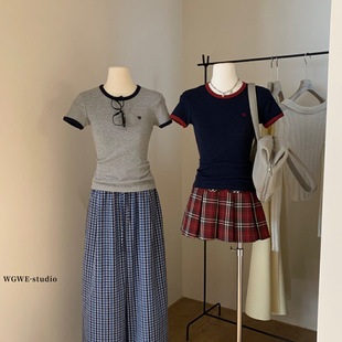 显瘦短款 WGWE美式 修身 复古正肩设计感小众辣妹短袖 上衣 T恤女夏季