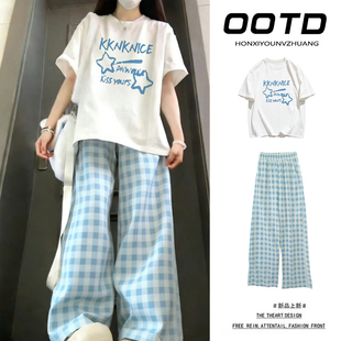 运动套装2026新款短袖t恤女夏白色上衣宽松阔腿直筒裤格子裤两件T
