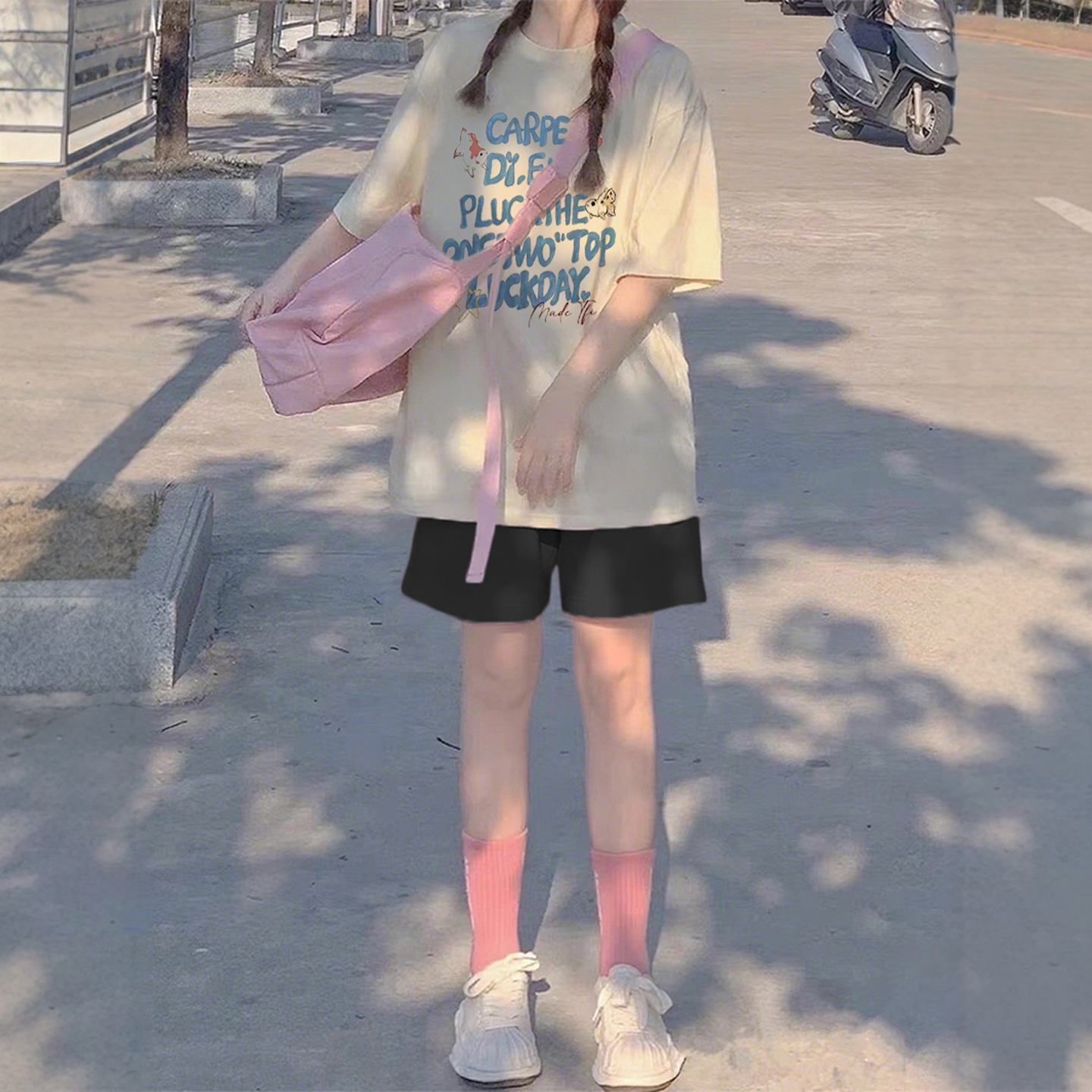 少女装韩系炸街杏色T恤短裤套装